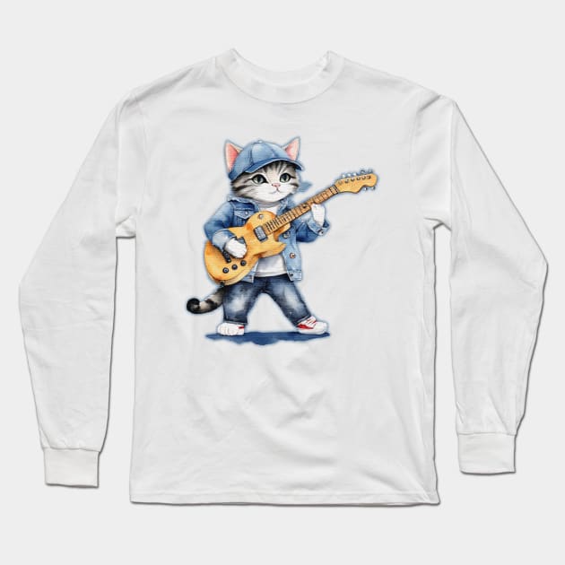 cute street cat wearing a denim blue jacket Long Sleeve T-Shirt by JnS Merch Store